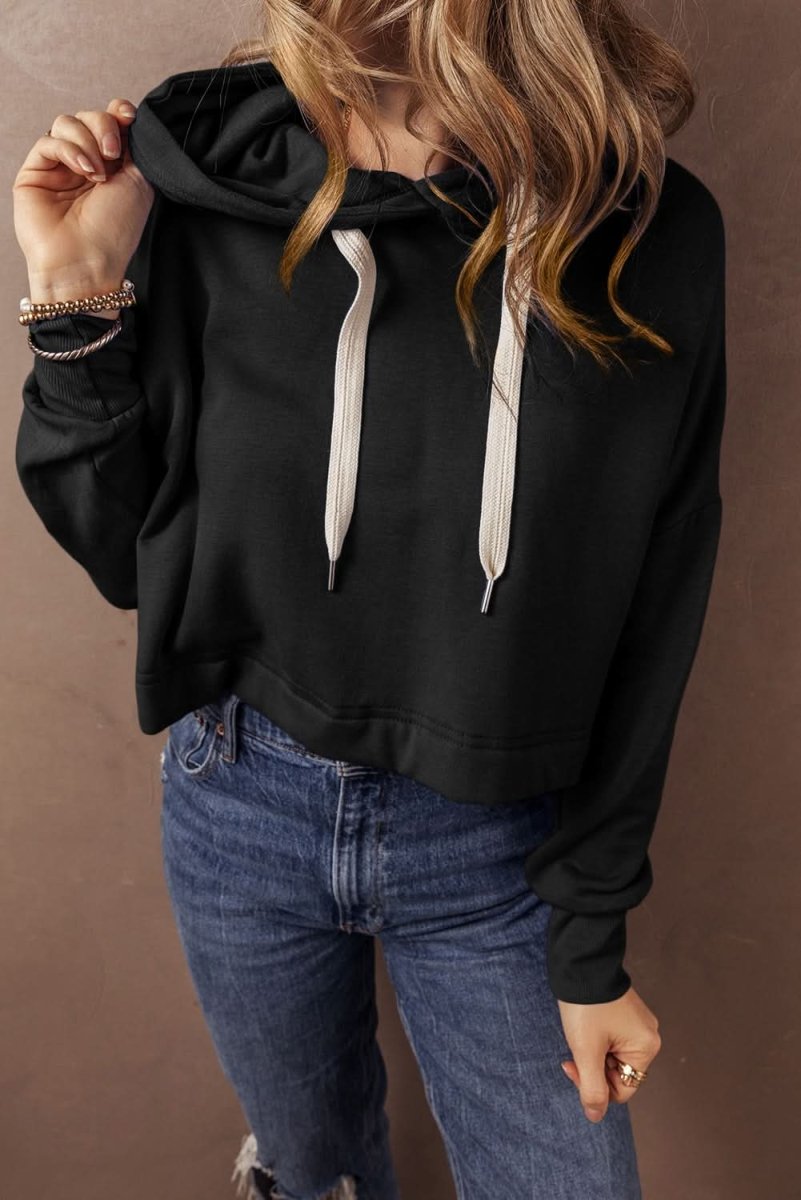Black Solid Drop Shoulder Drawstring Cropped Hoodie - Love Salve